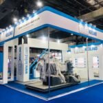 Trade show stall with product display shelves